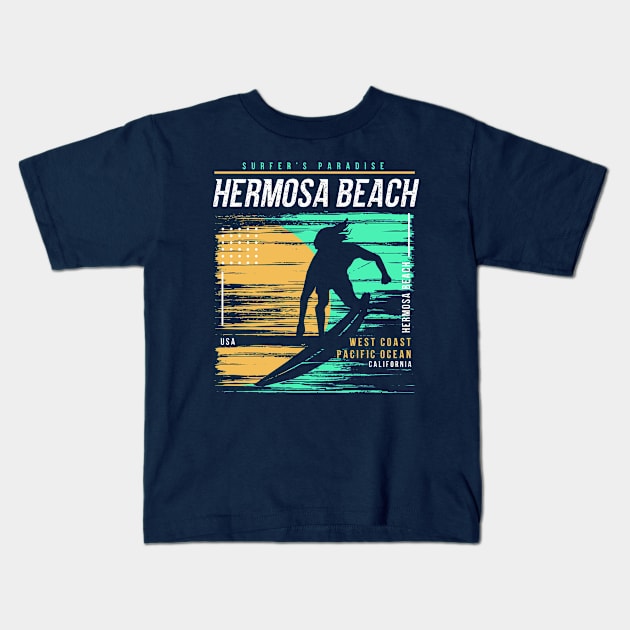 Retro Surfing Hermosa Beach, California // Vintage Surfer Beach // Surfer's Paradise Kids T-Shirt by Now Boarding